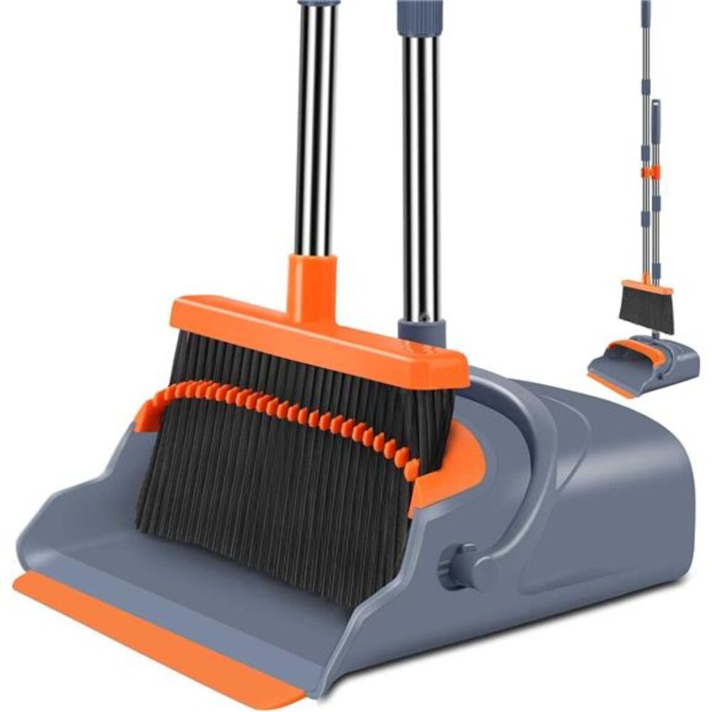 Grey Orange Upgrade Broom and Dustpan Set, Self-Cleaning with‎ Dustpan Teeth